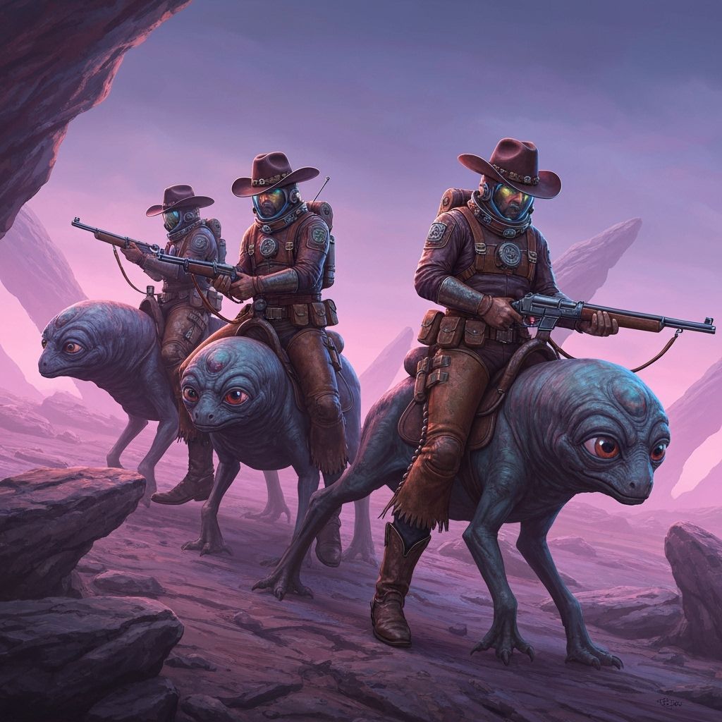 Cowboy Astronauts Ride Alien Mounts on Strange Planet