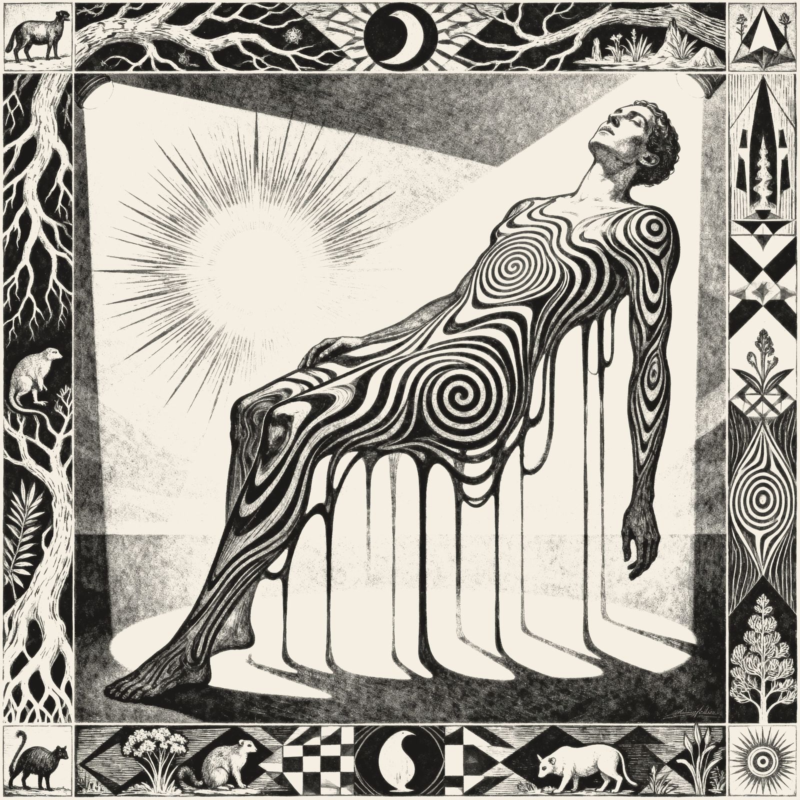 Surreal Black & White Figure Merged with Nature and Cosmos