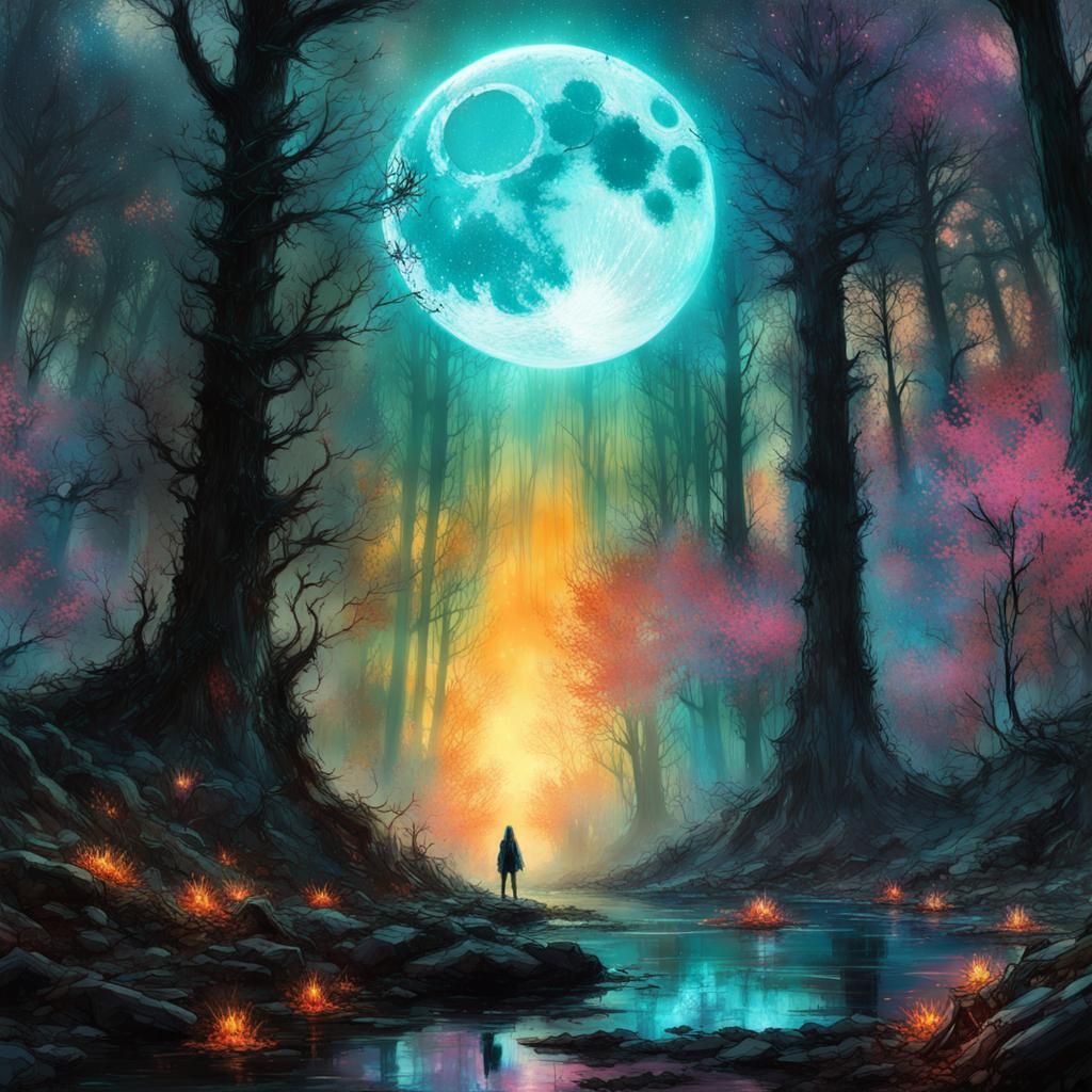 Vibrant Forest Altar Under Bioluminescent Moon