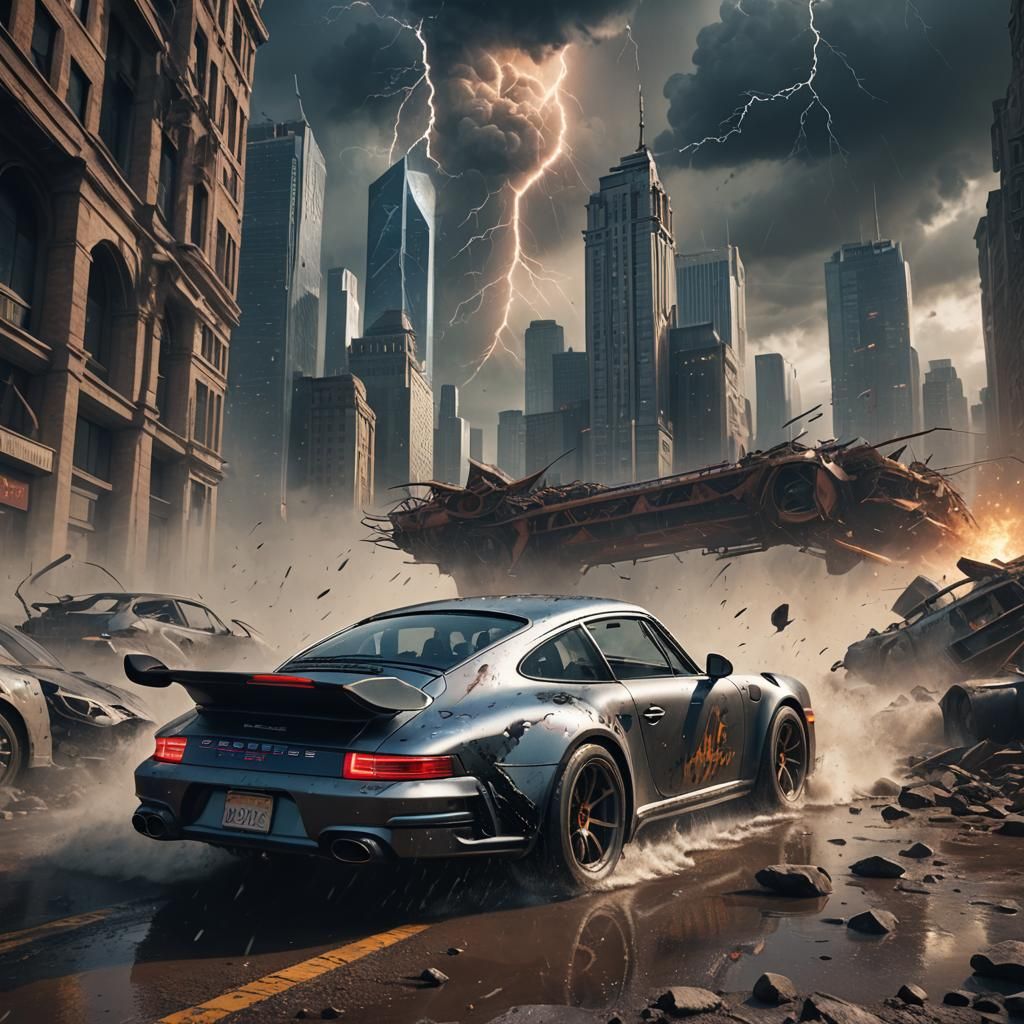 Porsche 911 with Thunderstorm, Detailed Matte Painting