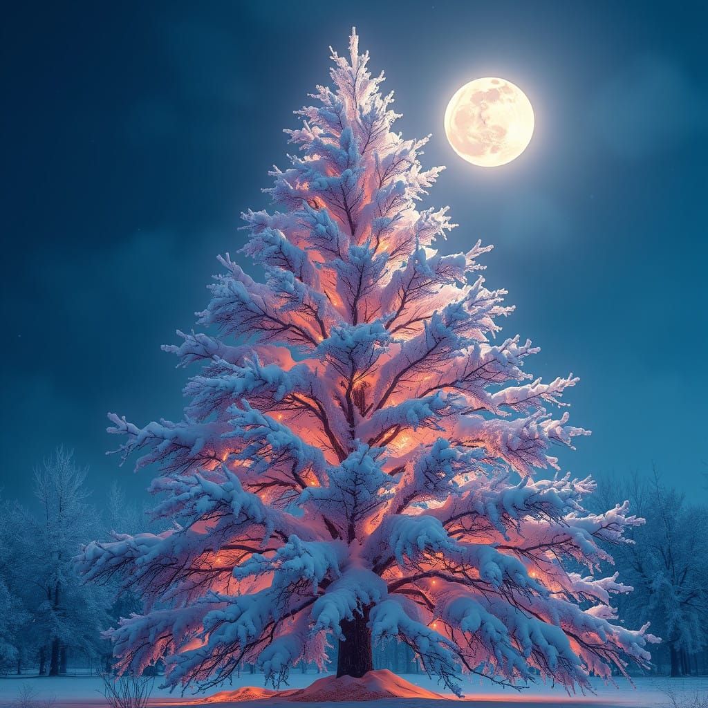 Mystical Christmas Tree in Snowy Moonlight