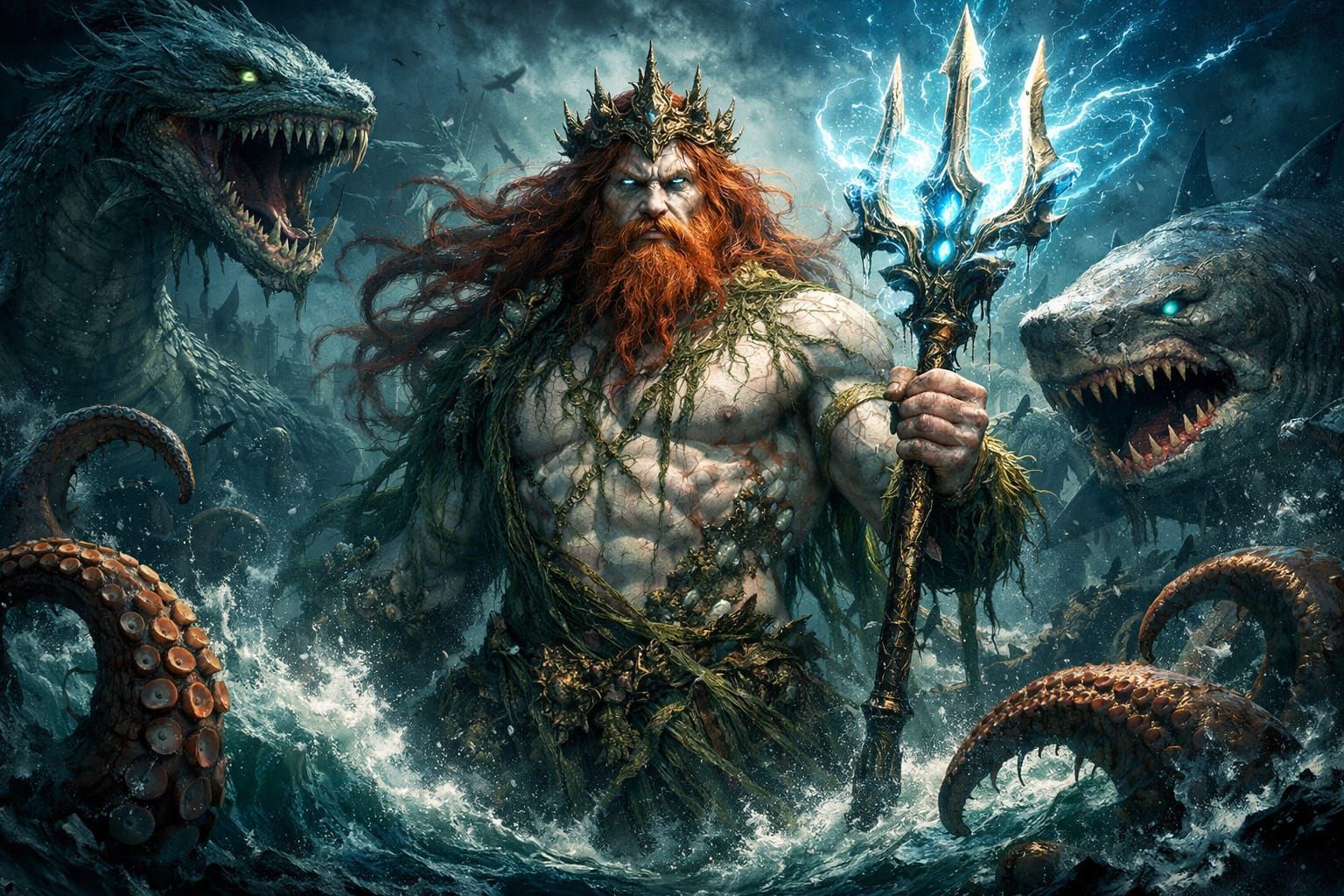 Gigantic Poseidon Battles Sea Monsters in Dark Fantasy