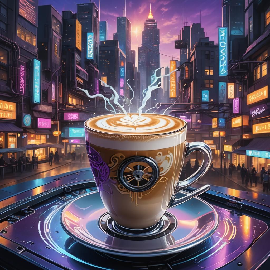Cyberpunk Latte Art in Neon Cityscape