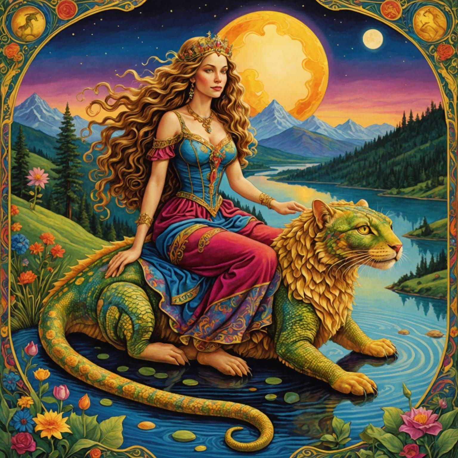 Fantasy Tarot Card: Princess Riding Lizard Cat