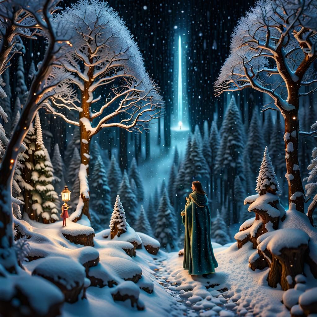 Snowy Night Scene with Comet in Digital Art