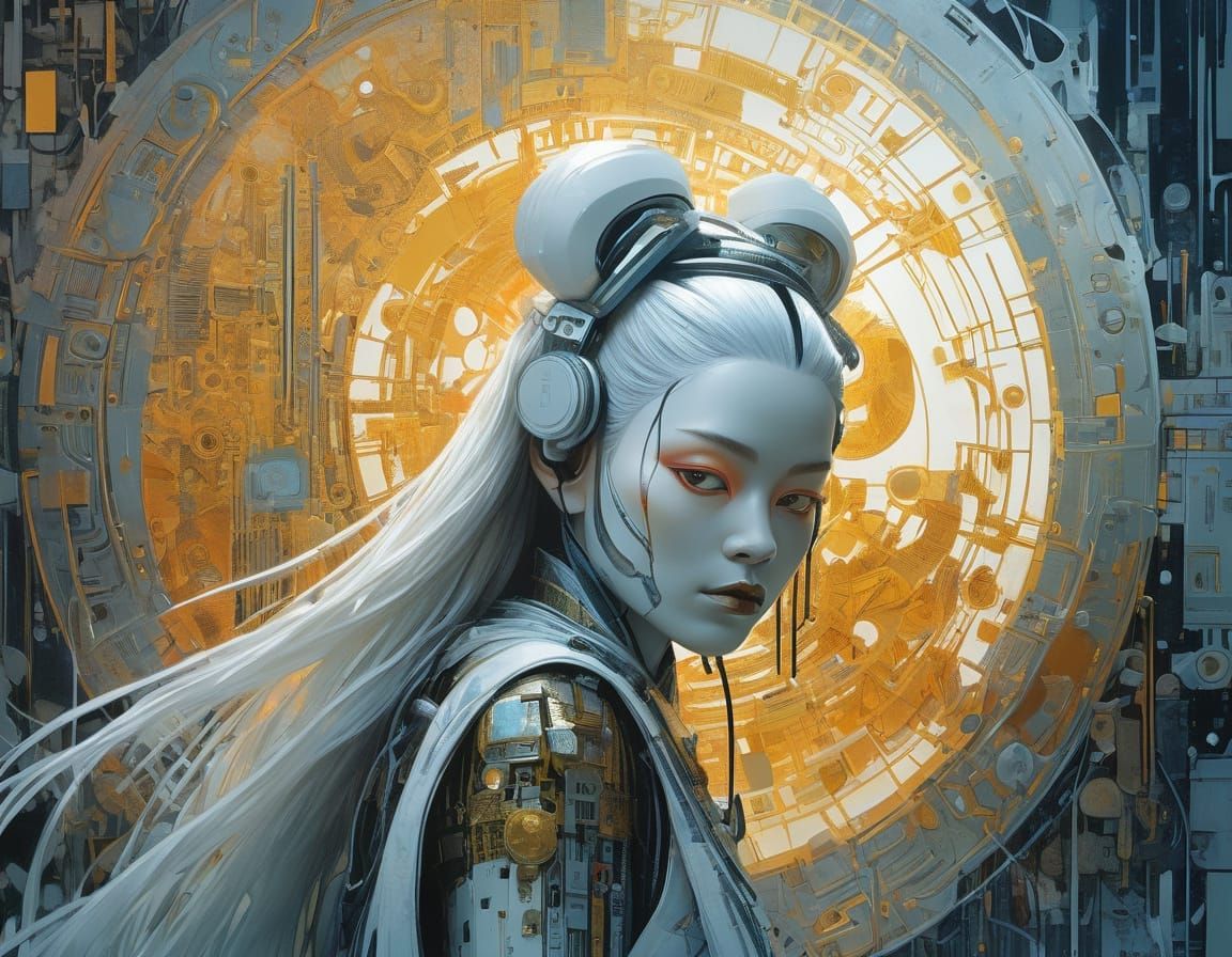 Surreal Android Geisha in a Futuristic Repairshop