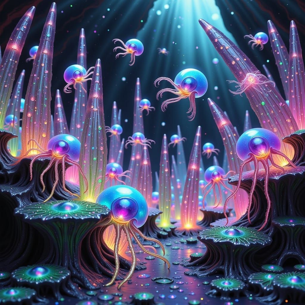 Surreal Fae Creatures Dance in Crystal Caverns