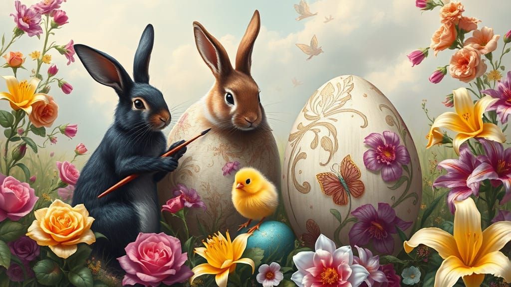 Fantasy Easter Egg Painting with Rabbits and Chicks