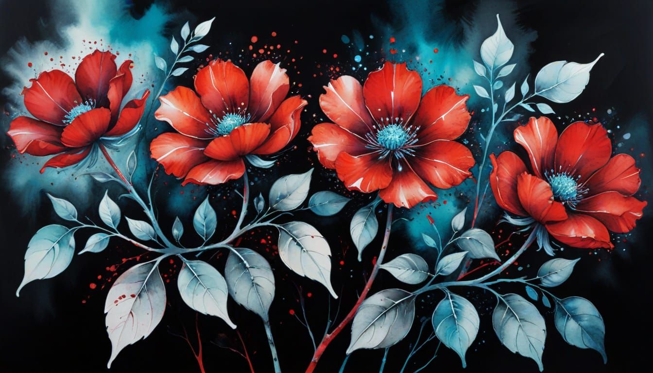 Abstract Minimalist Painting of Red and Silver Flowers