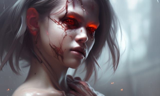 Portrait of a cute demon girl, scarred blistered skin, horror, gothic, detailed matte painting, detailed oil painting, h...