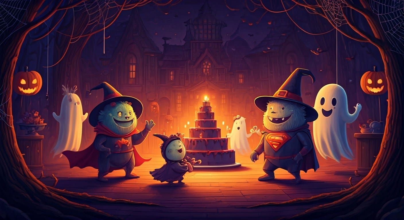 Whimsical Monsters Dance at a Vibrant Halloween Party