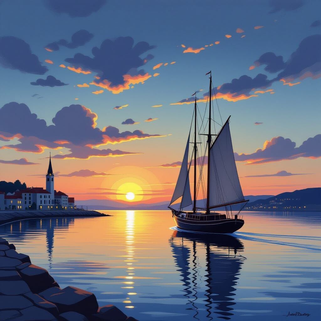 Art Deco Harbor at Dusk with Schooner Silhouette