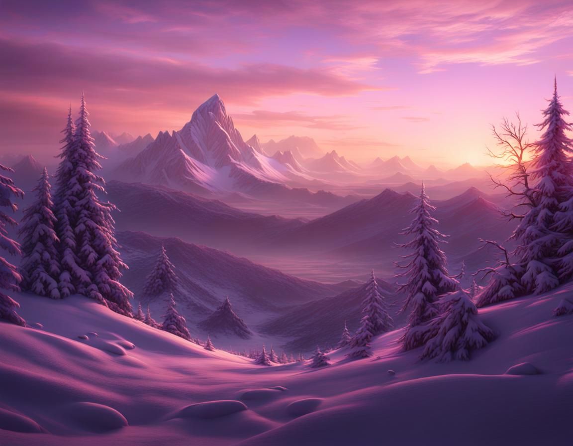 Purple Sunset Over Snowy Landscape: Digital Matte Painting