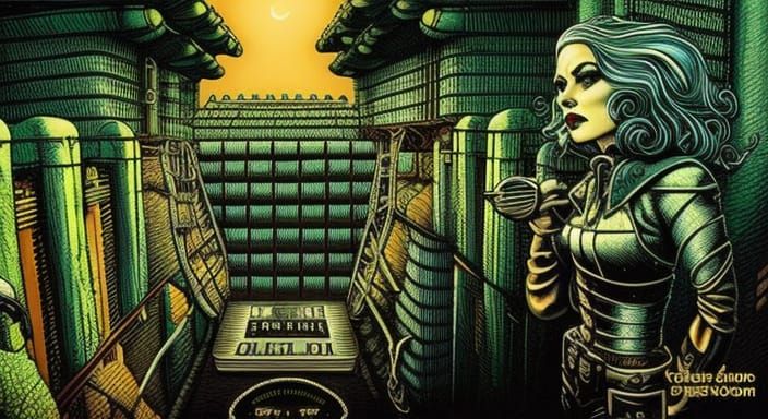 Retro Sci-Fi Prison Art in Darkly Whimsical Style