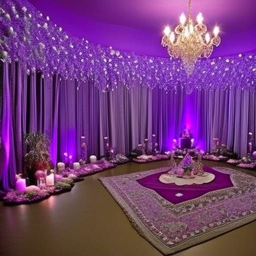 Ethereal purple meditation room with crystals everywhere& amethyst crystal clusters everywhere& purple candles& chandeli...