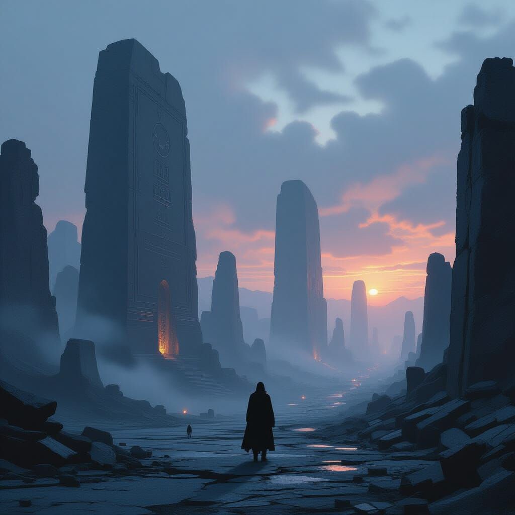 Lone Figure in Crumbling Cityscape at Twilight