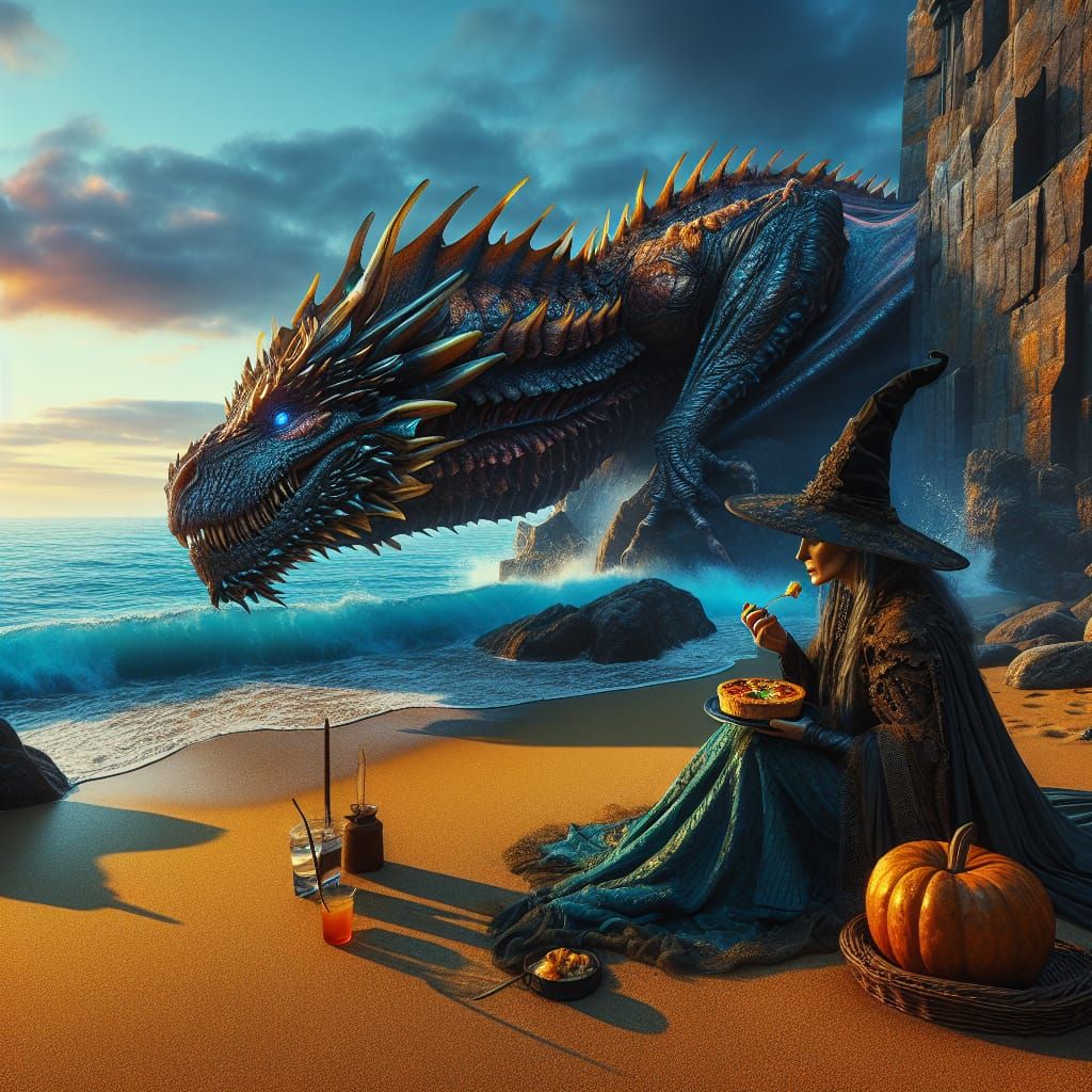 Dragon and Witch Enjoying the Sunset on Beach