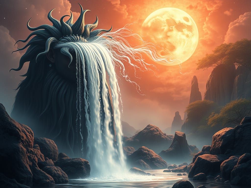 Izanagi Mourns Izanami: A Mythological Waterfall