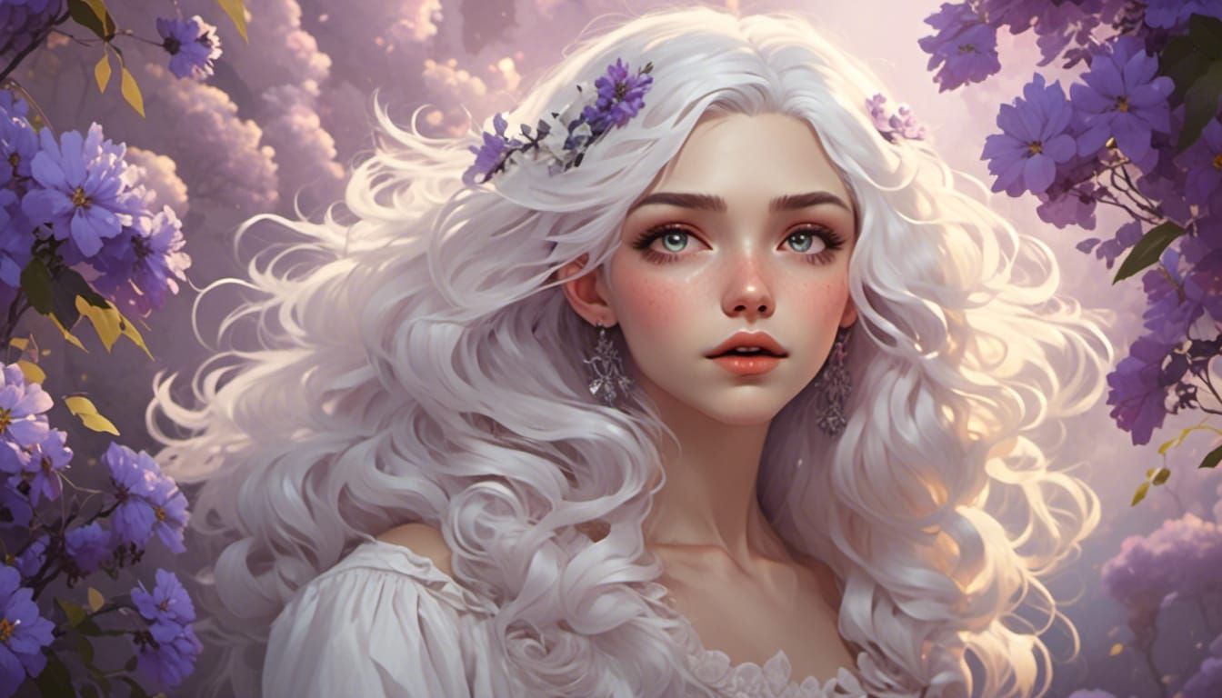 Girl with White Hair and Lilac Flowers