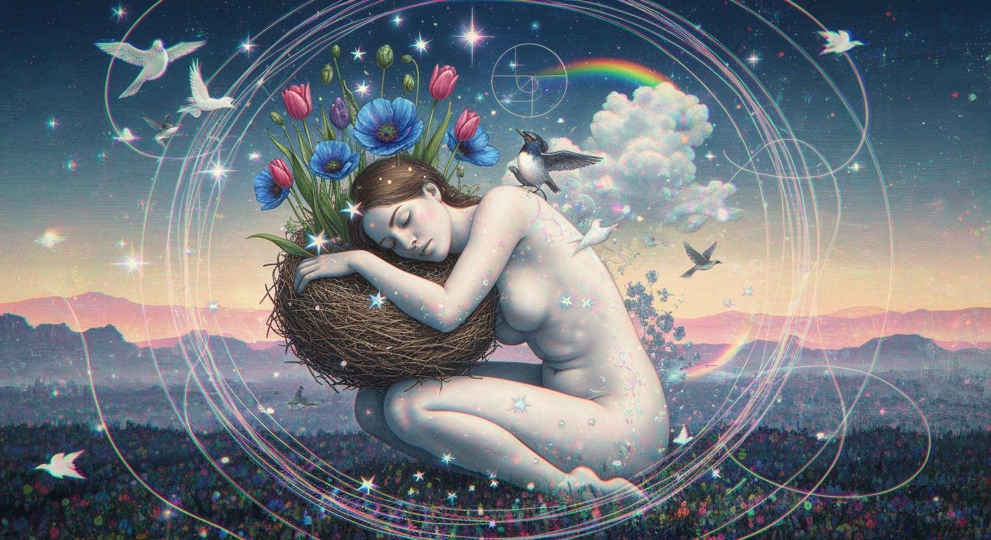 Surreal Glitch Art: Woman Integrated with Cosmic Nest