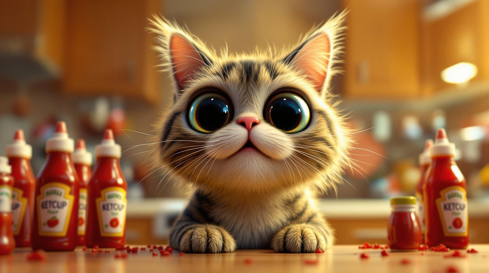Happy Cat in Kitchen Surrounded by Ketchup, 3D Render
