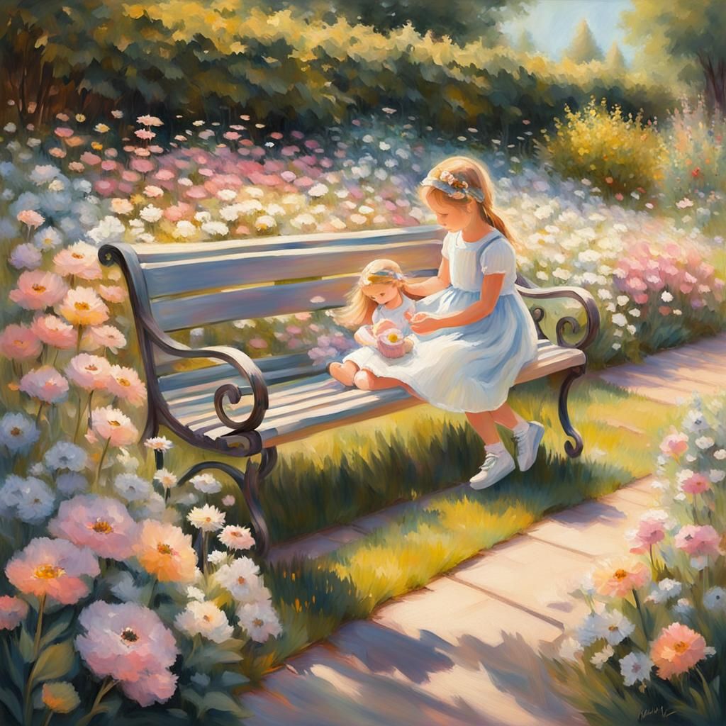 Impressionist Girl with Doll in Flower Garden