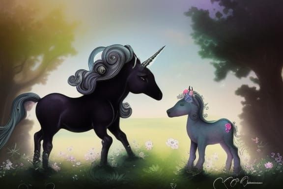 Tender Unicorn Mother and Foal Whimsical Illustration