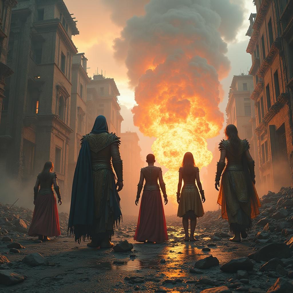 Fantasy Family in Post-Apocalyptic Explosion Aftermath