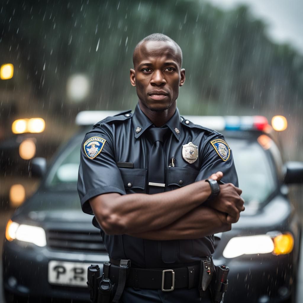 Afro-American Policeman on Car in Rain: Professional Photo