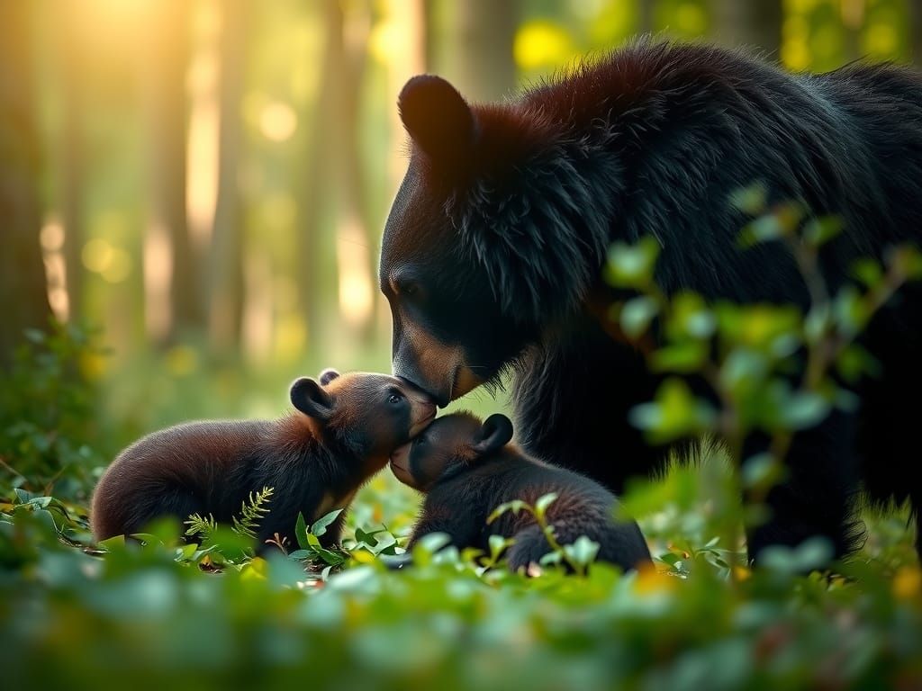 Black Bear Family in Hyperrealistic Forest Scene