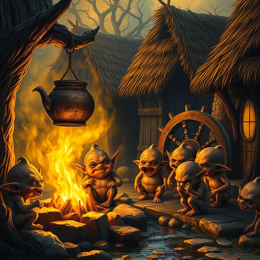 Mystical Elf Town Scene in Dark Fantasy Style