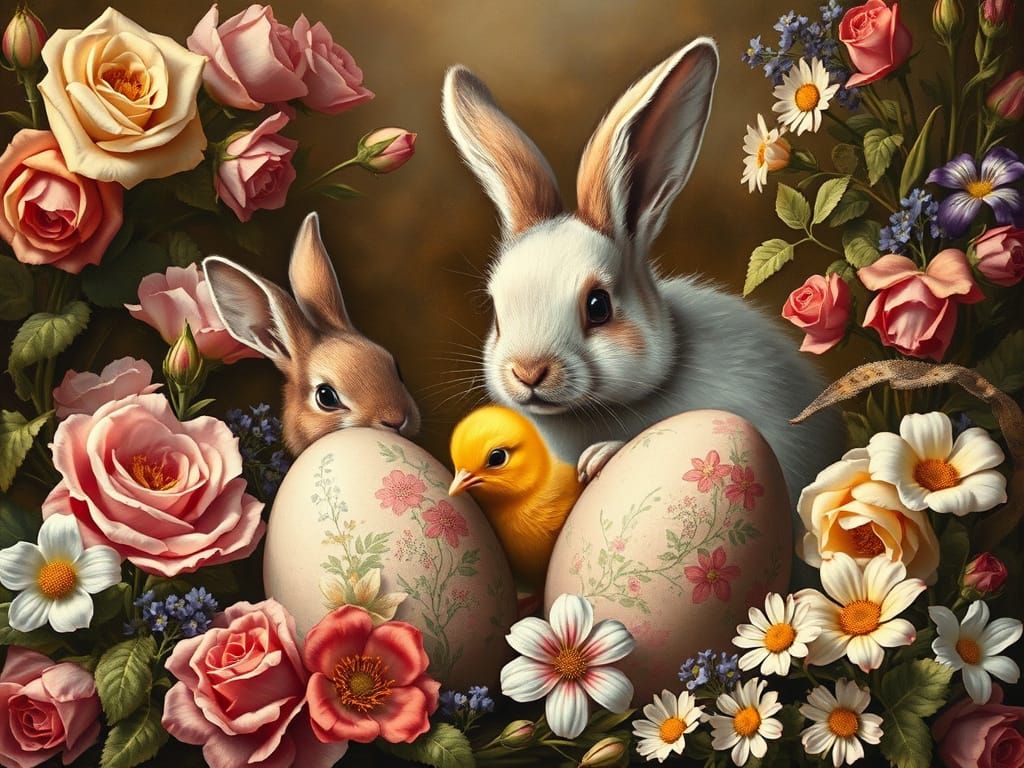 Bunnies Painting Easter Eggs in Renaissance Style
