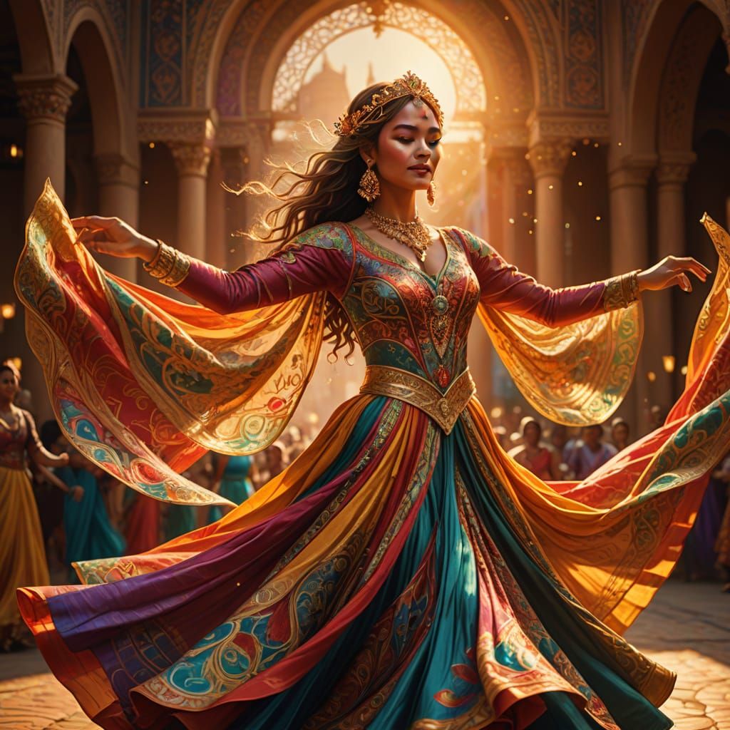 Elegant Belly Dancer in Flowing Costume with Glistening Jewe...