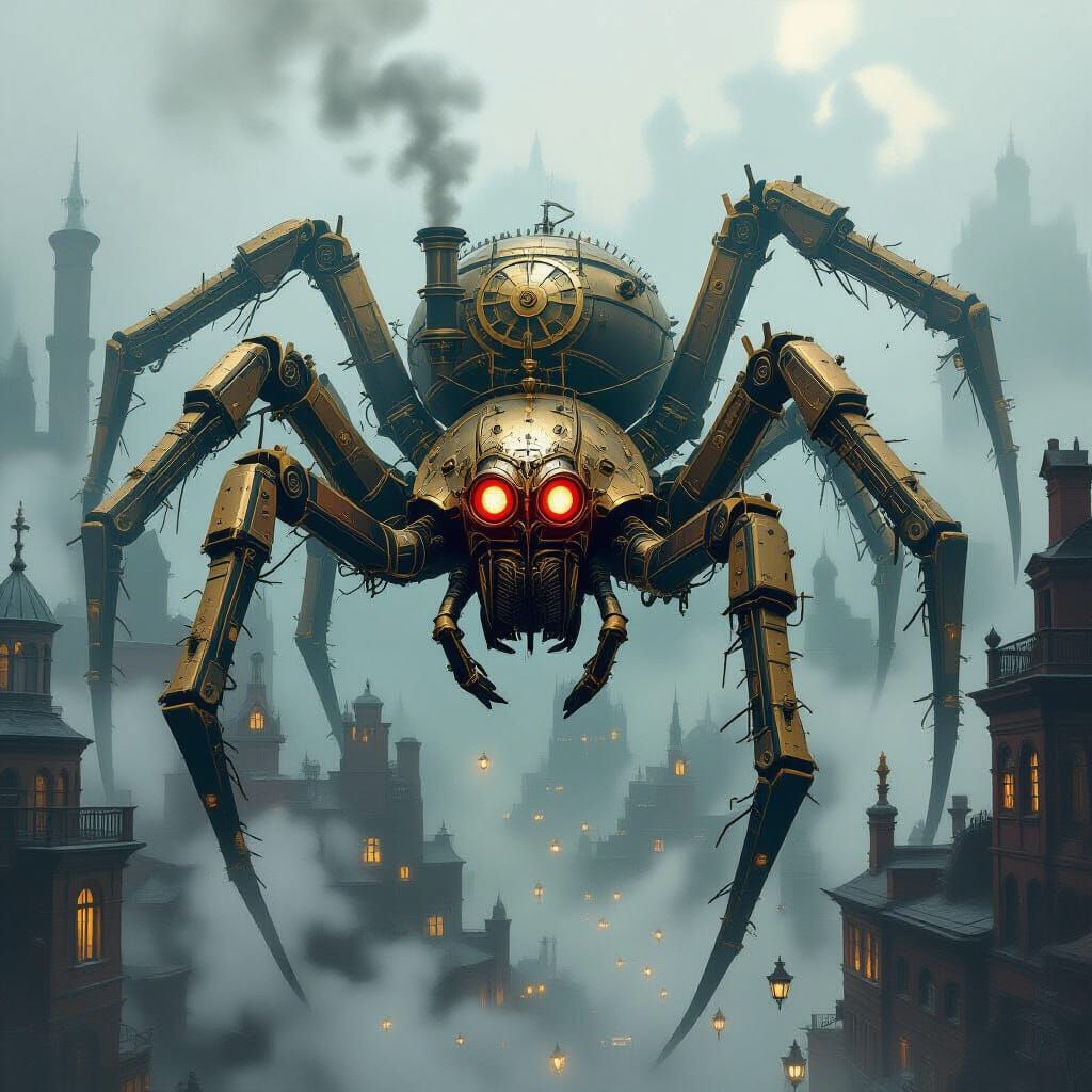 Colossal Clockwork Spider Emerges from Steampunk City
