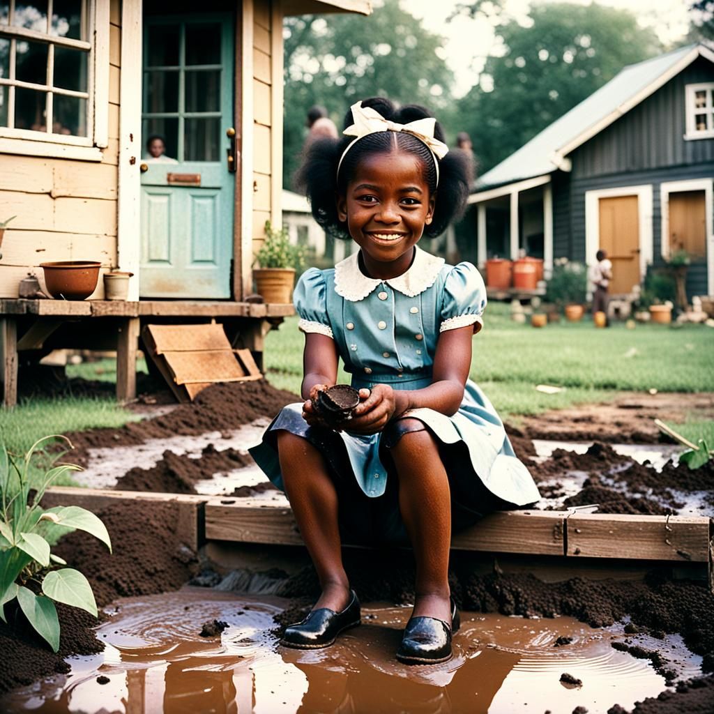 Happy Girl Making Mud Pies: Retro Cinematic Film Still