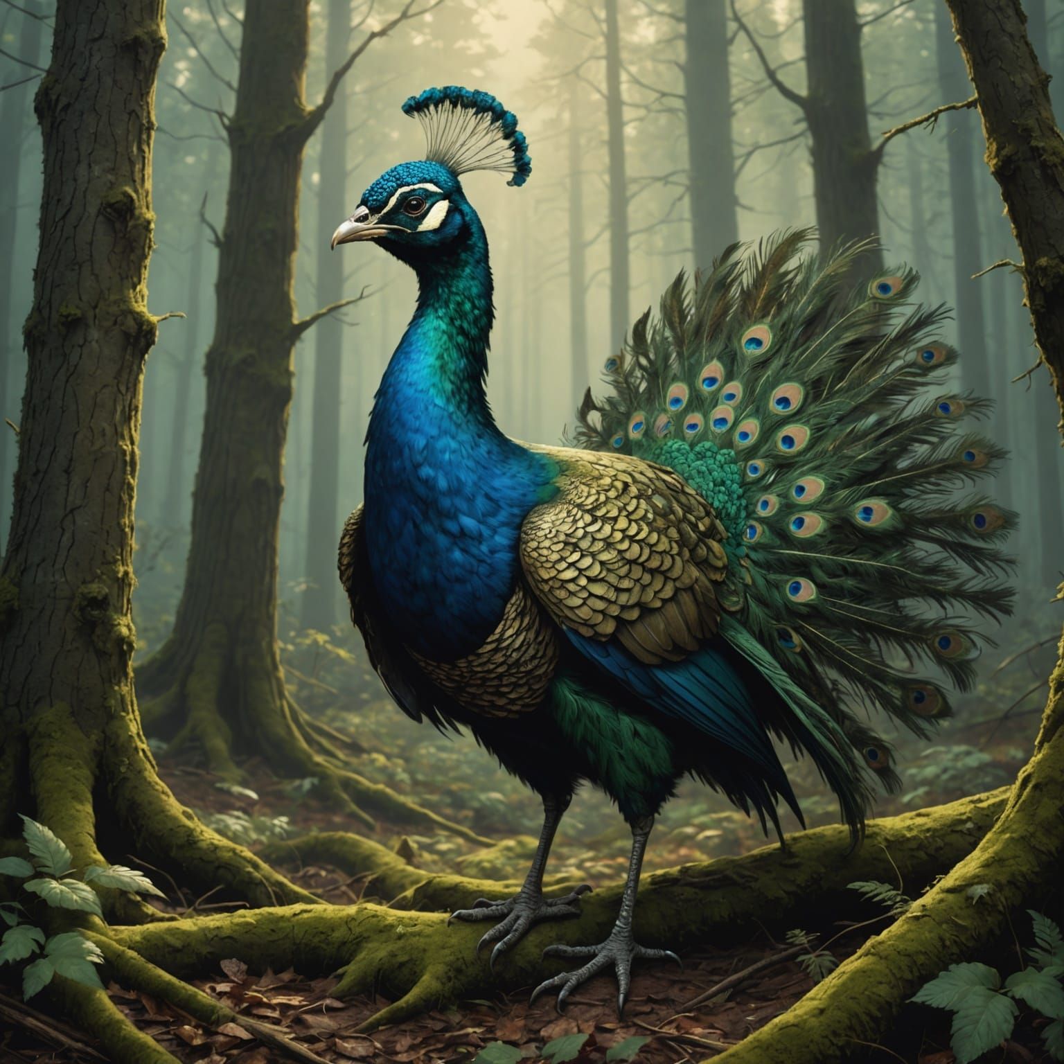 Hybrid Chick-Peacock Creature in Dark Forest