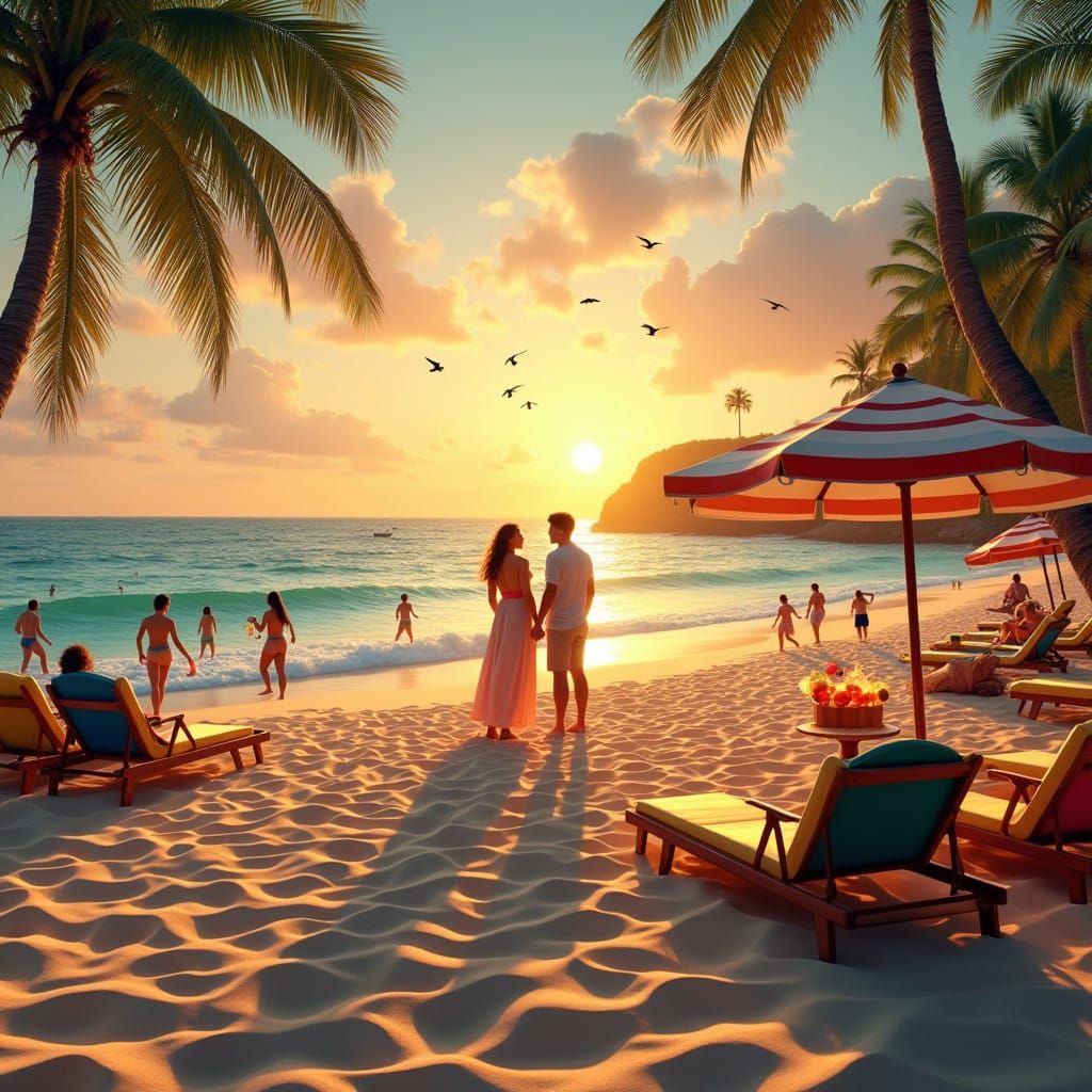 Surreal Tropical Beach at Sunset in a Cinematic Film Still A...