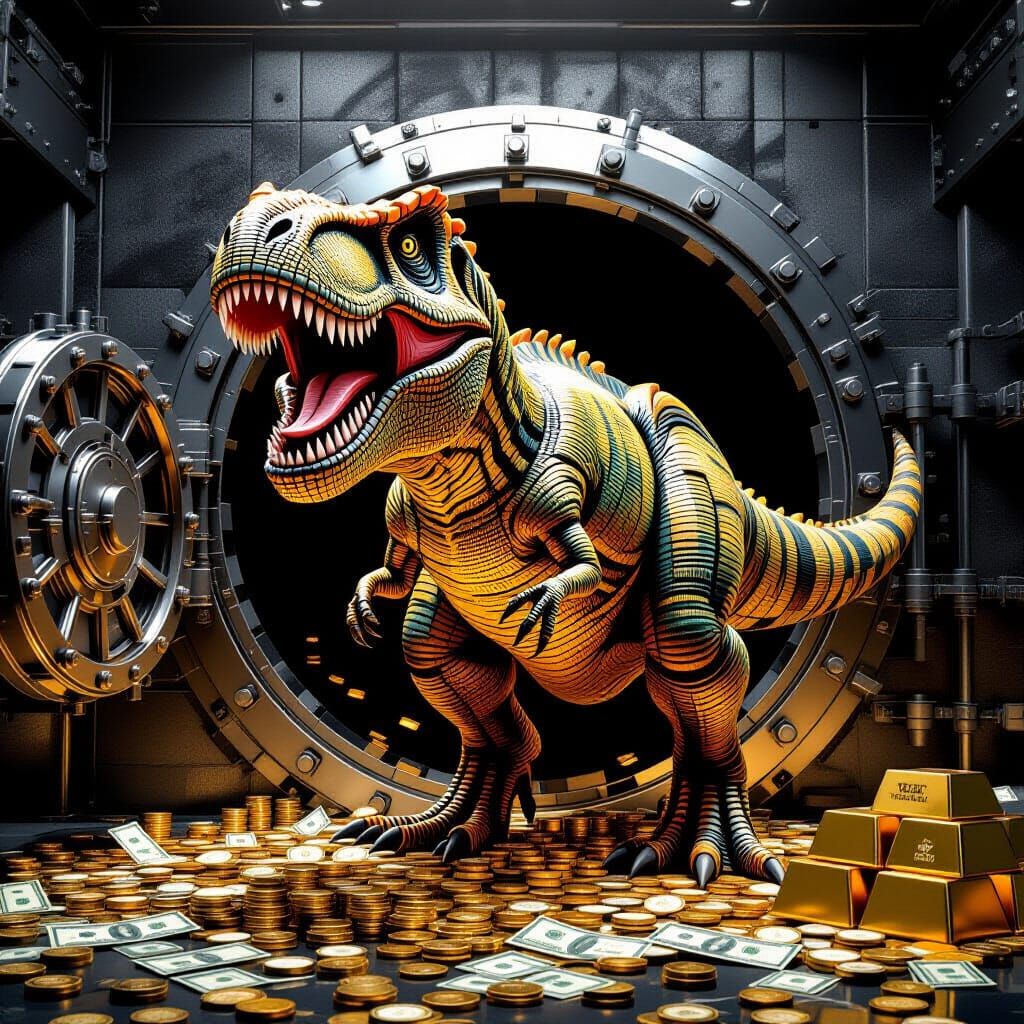 Coin T-Rex Roars in Bank Vault - Digital Illustration
