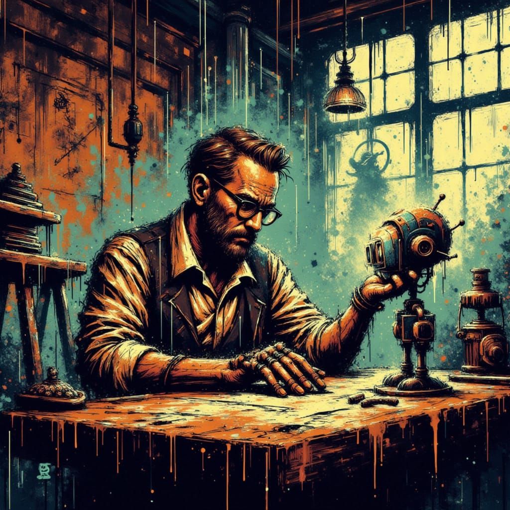Steampunk Inventor Assembling Robot in Gothic Workshop
