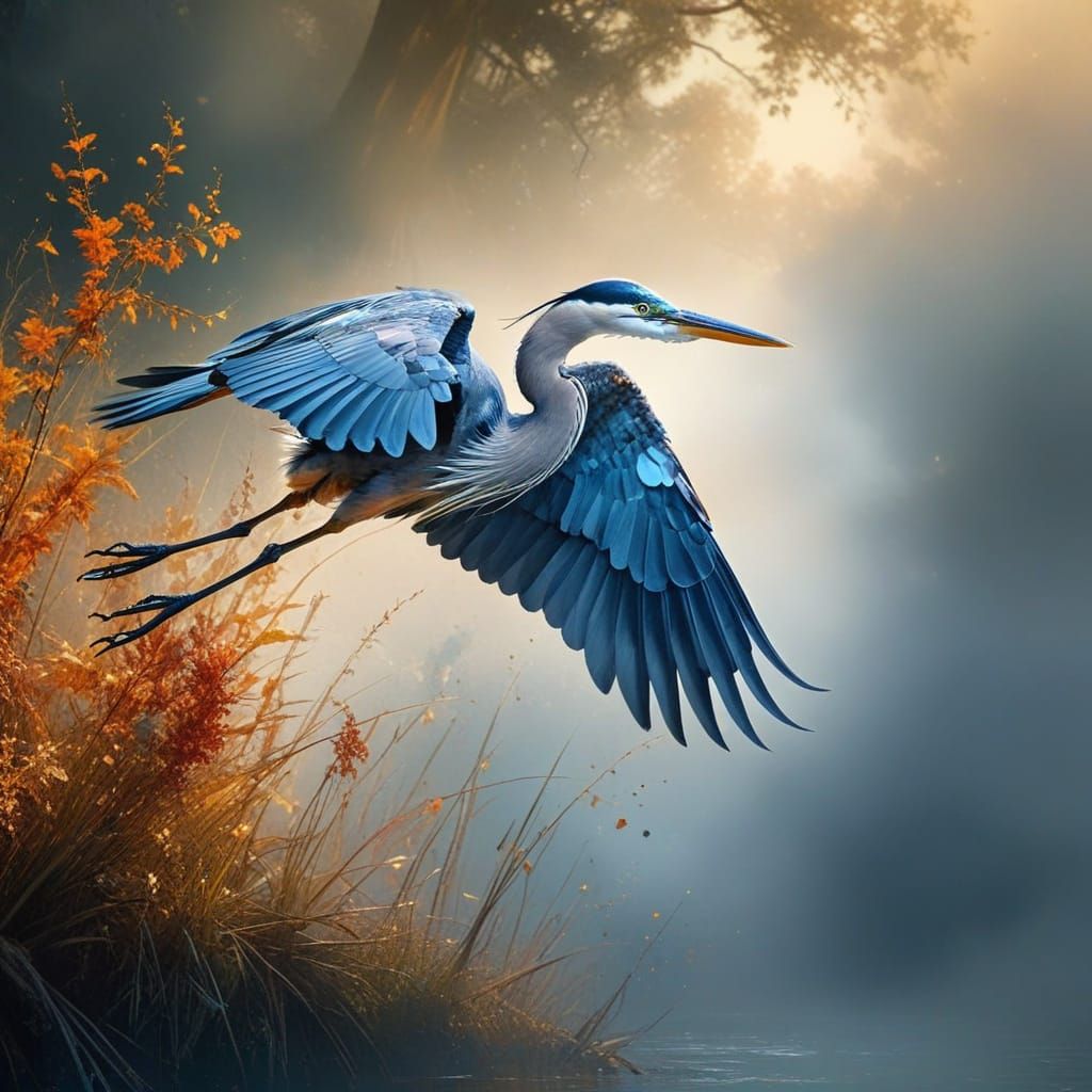Majestic Autumn Heron Takes Flight
