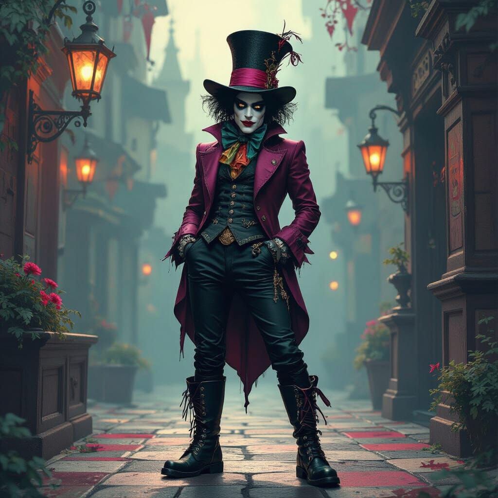 Gothic Glam Rocker Mad Hatter in Combat Boots