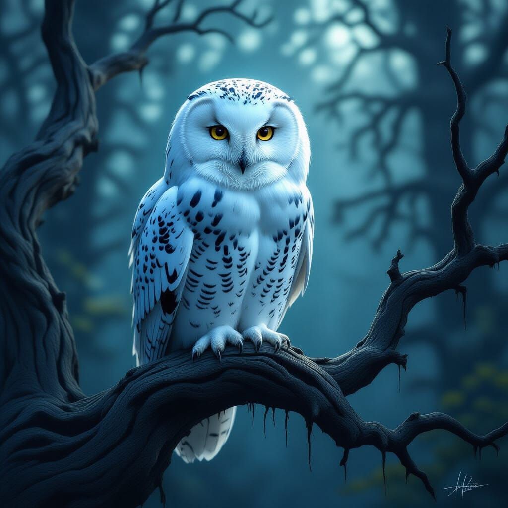 Snowy Owl in Mystical Forest, Dark Fantasy Illustration
