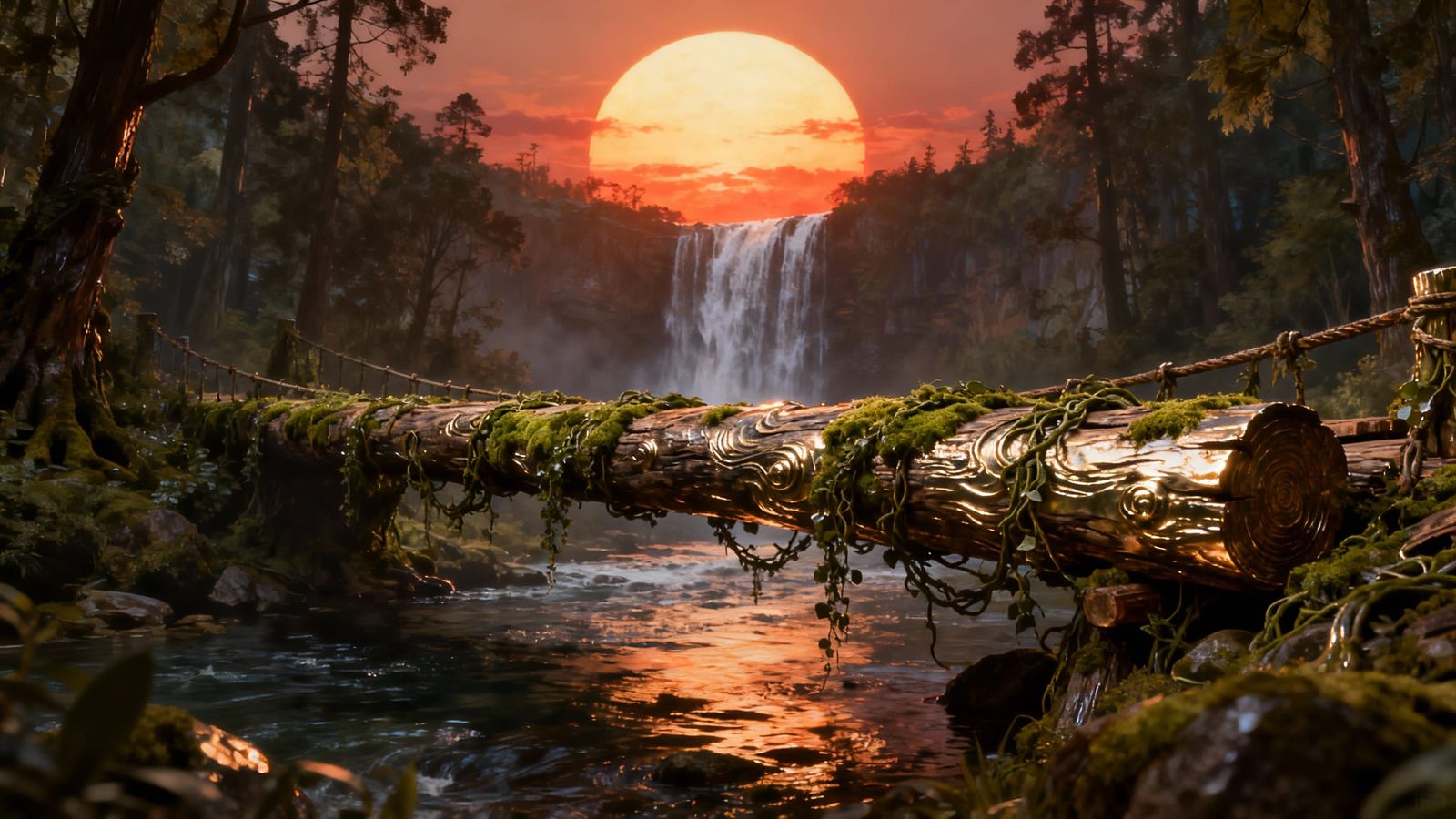 Metallic Embossed Forest Bridge at Sunset