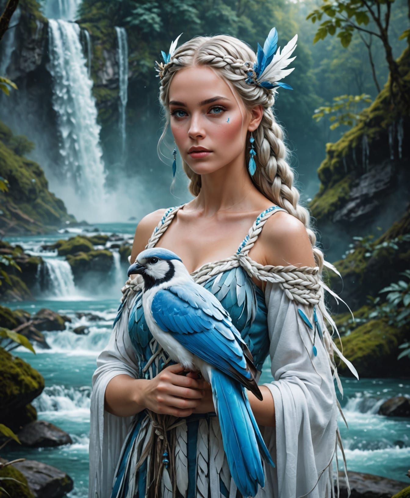 Forest Nymph in Blue and White Attire, Holding a Bird agains...