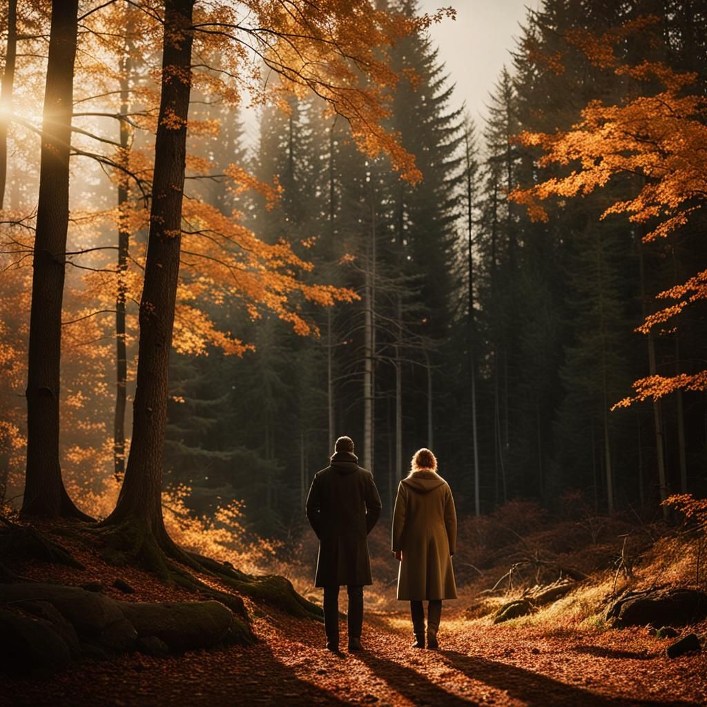 Melancholic Figure in Autumn Forest, Cinematic Film Still