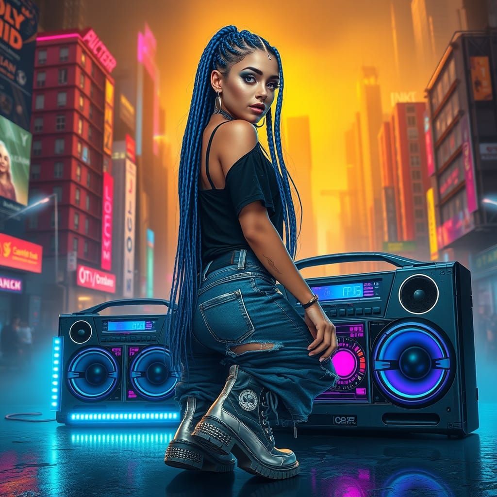 Edgy Punk Girl in Cyberpunk Cityscape