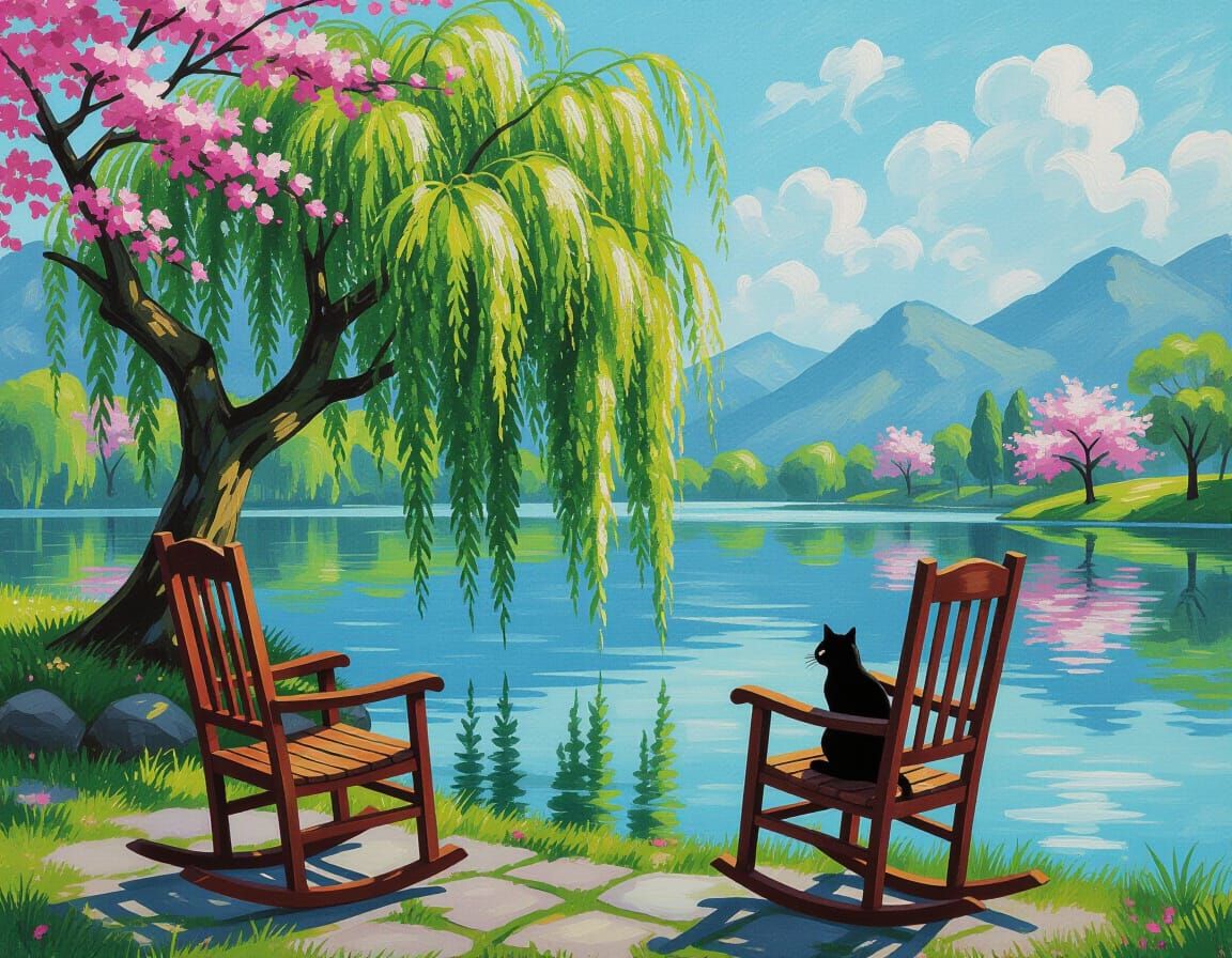 Maximalist Chalk Art: Cat Under Weeping Willow