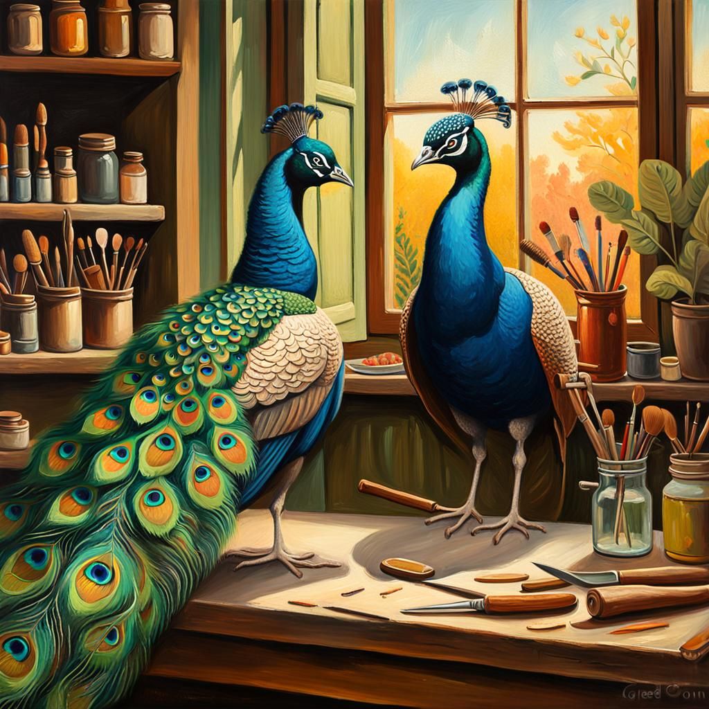 Proud Peacock Father in Whimsical Workshop Scene