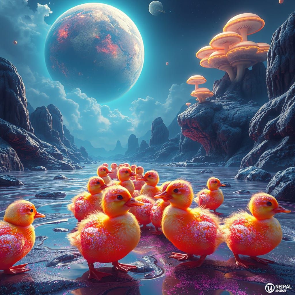 Surreal Ducklings Explore Shimmering Planets with Glowing Mu...