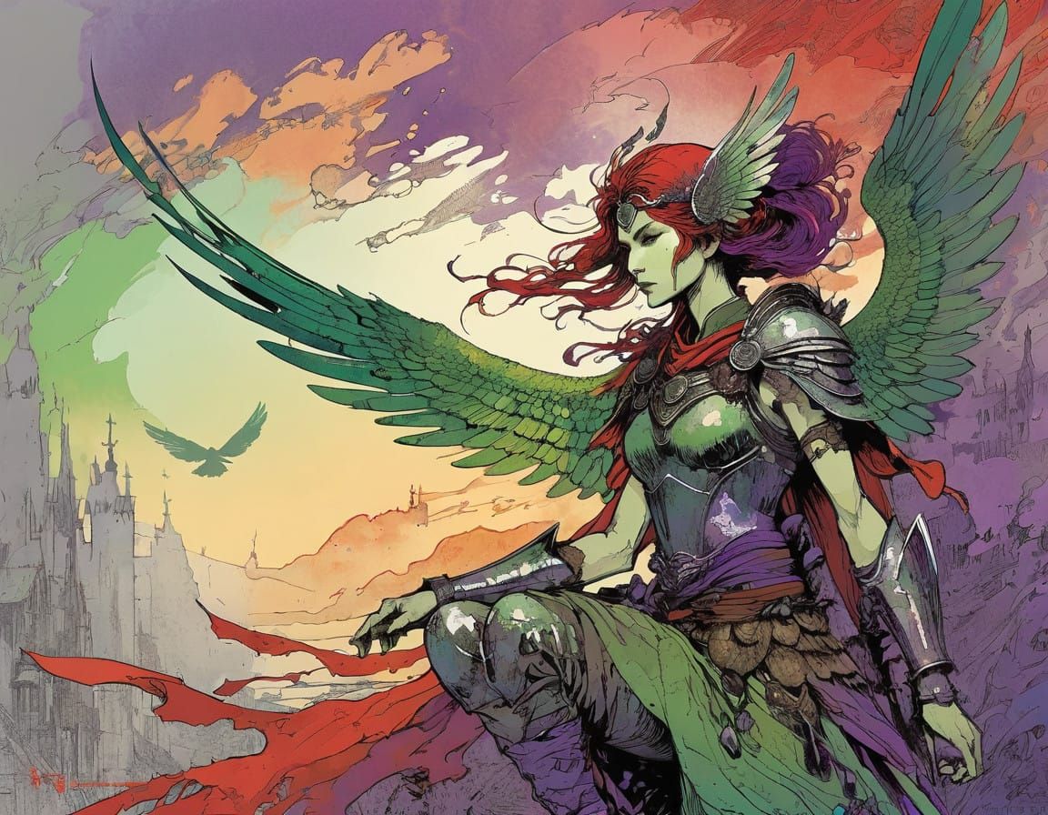 Majestic Winged Warrior in a Vibrant Gradient